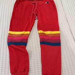 Aviator Nation Red Jogger Pants with Multicolor Stripes